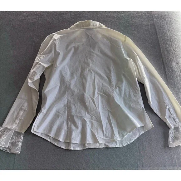 Cold Water Creek Button Up Blouse with Sheer Bell Sleeve Floral Detail, Large - Picture 4 of 4